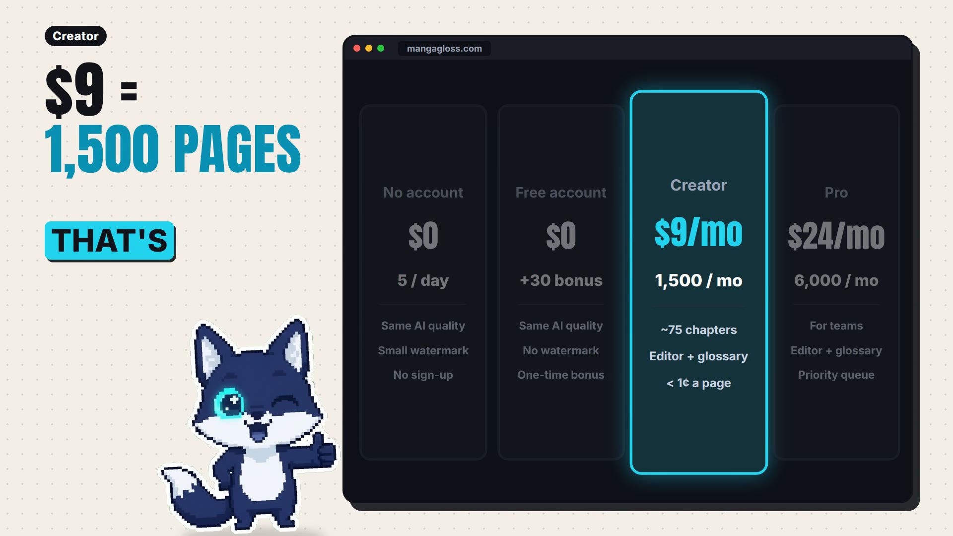 Manga translator plans compared: free, free account, Creator and Pro