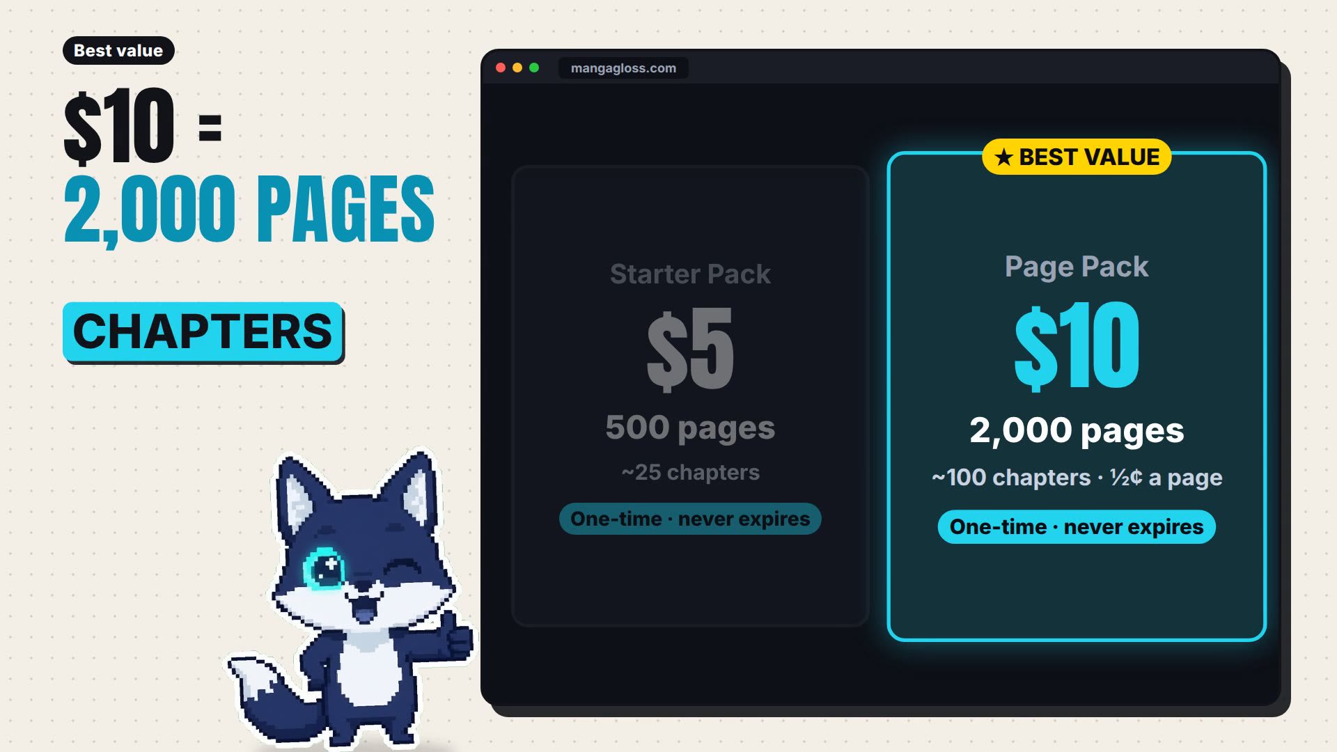 Manga translator page packs: Starter Pack $5 for 500 pages and $10 for 2,000 pages