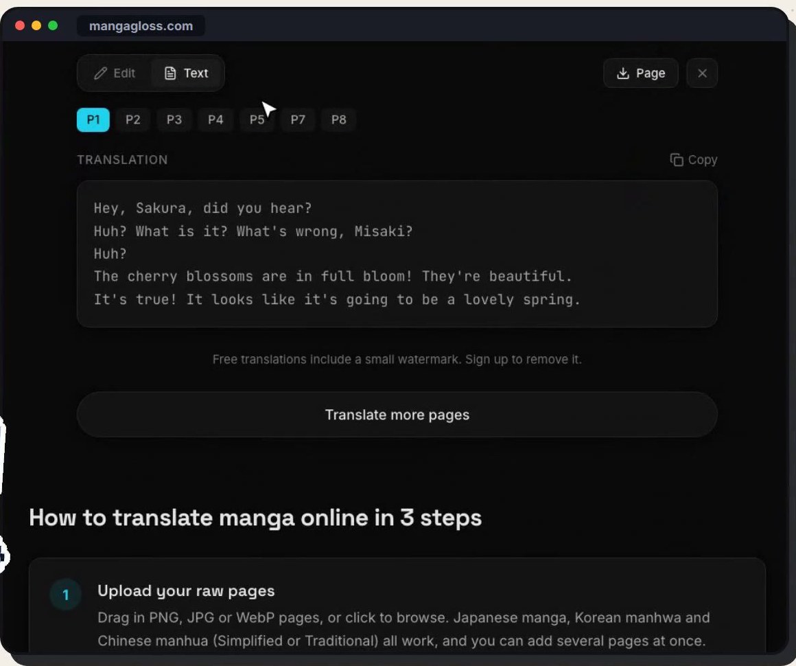 Text tab with the full English translation script of a manga page